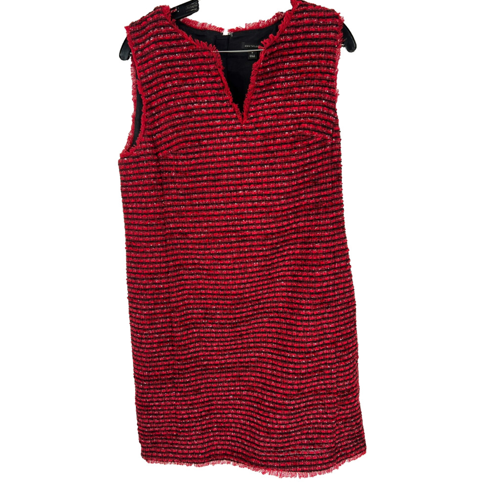 Ann Taylor Womens 10 Red Fringe Tweed Shift Sleeveless Above The Knee Dress